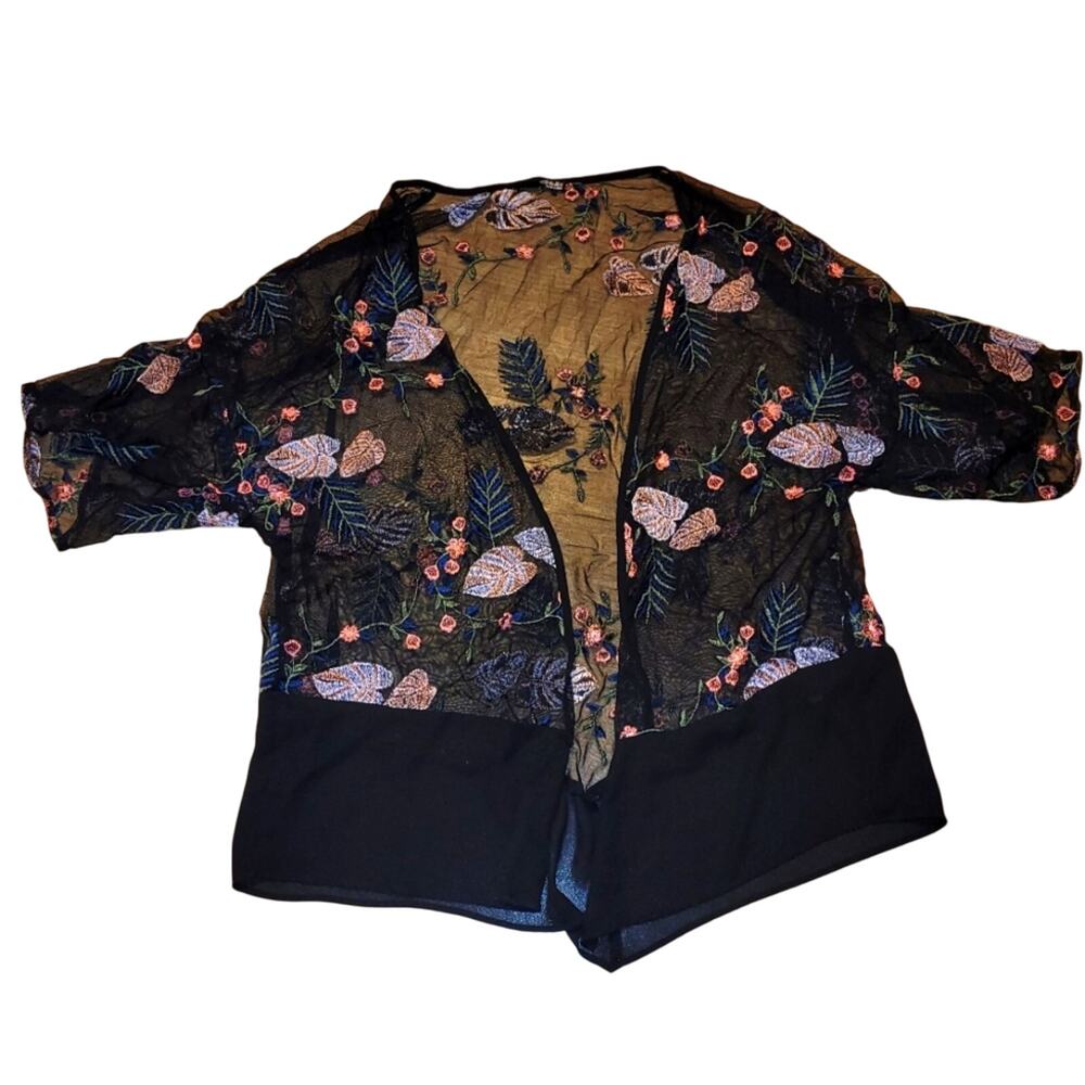 Vtg Ariella Floral Embroidered Sheer Kimono Beach Cover Up Robe USA Made Size L